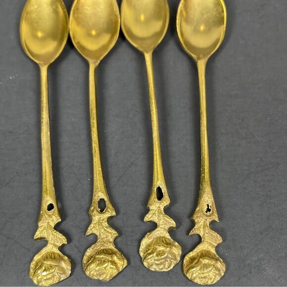 Brass Demitasse Coffee Spoon Dessert Salad Fork Gold Tone Rose Handle Set 4 VTG - Picture 8 of 13